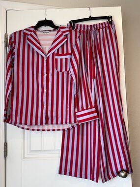Katydid Red & Lilac Striped Pajama Set - Button-Front Top & Elastic Waist Pants